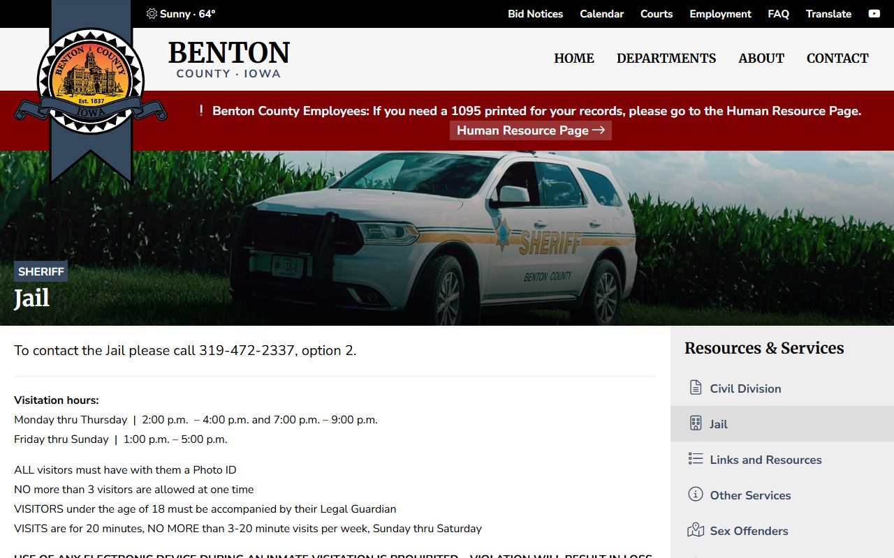 Benton County Jail inmate visitation mail money and bond information